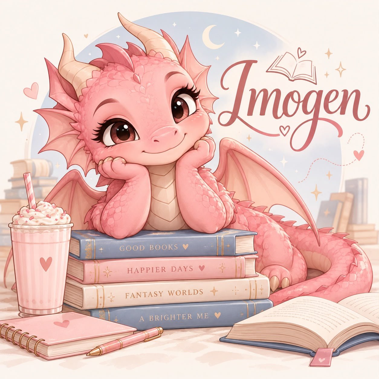 Imogen, a dragãozinha rosa, sobre uma pilha de livros